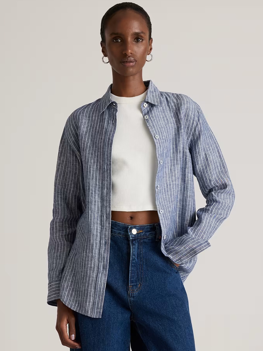 Quince 100% European Linen Long Sleeve Shirt Chambray Stripe Size Xl